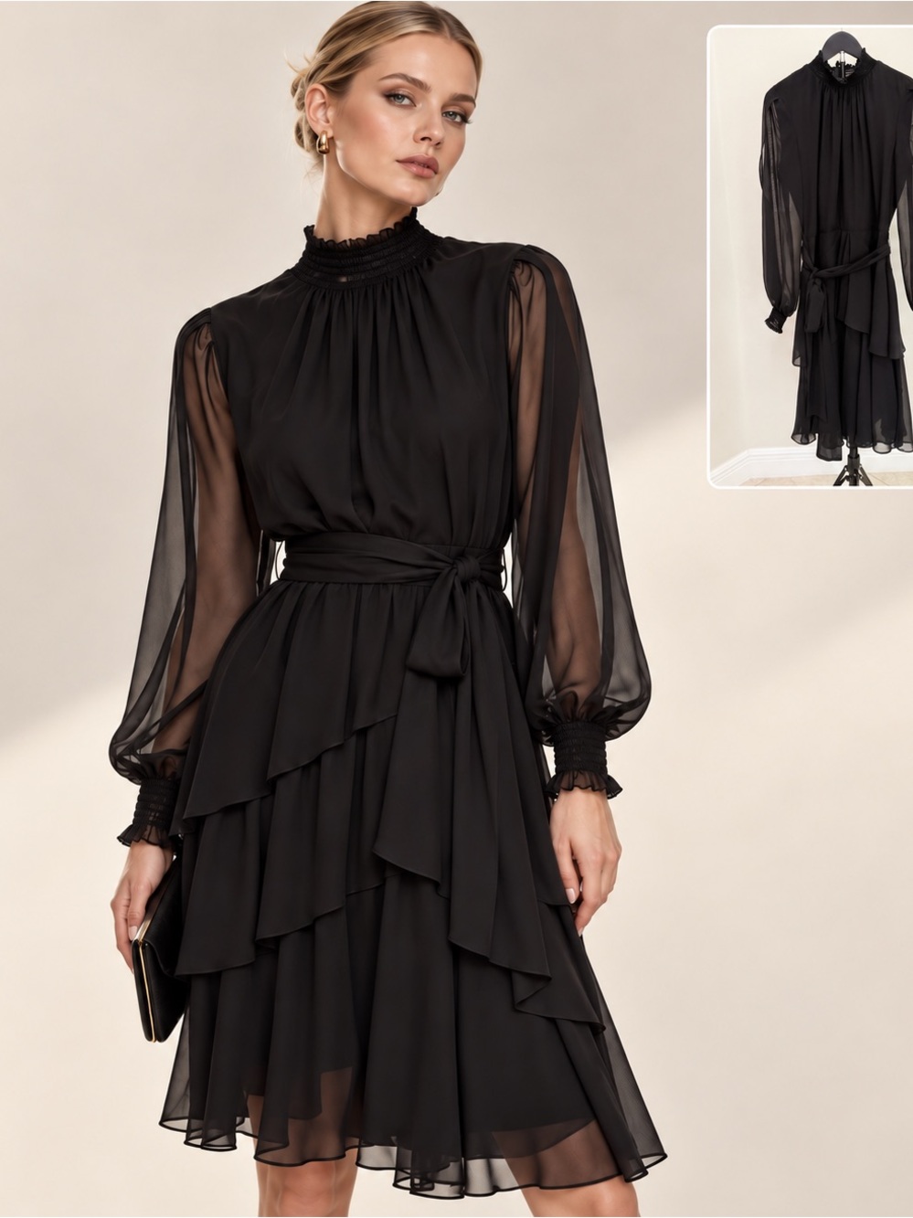 Alex Marie Black Sheer-Sleeve Ruffle Midi Dress Evening Black Tie Wedding